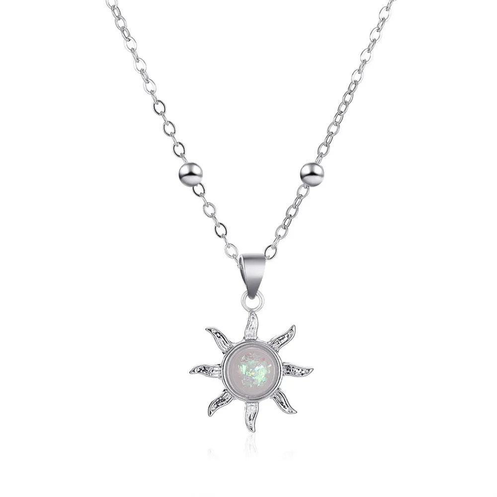 Alloy clavicle necklace with inlaid opal flower pendant on cross chain, gold or silver finish