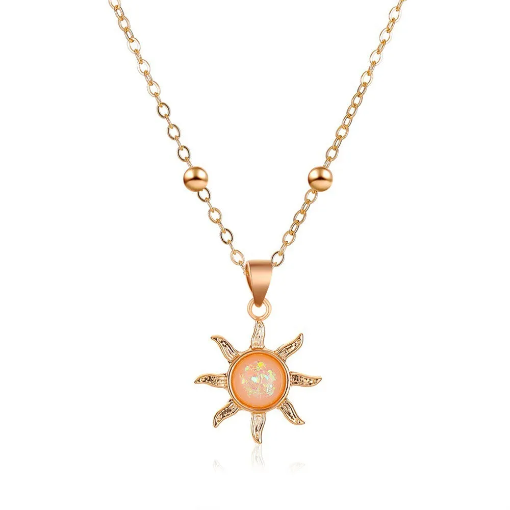 Alloy clavicle necklace with inlaid opal flower pendant on cross chain, gold or silver finish
