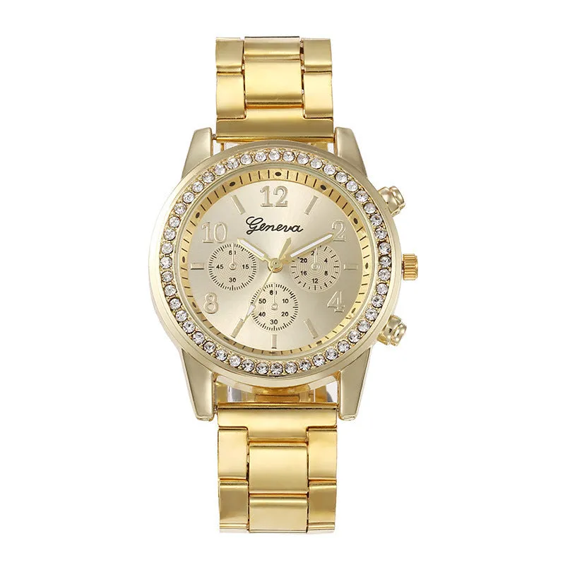 Fashion steel belt men's and ladies' couple quartz watch in gold with 10mm slim case