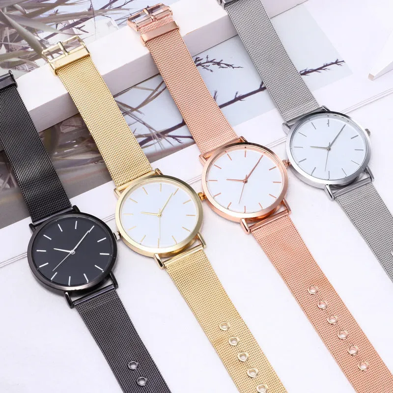 Simple ladies quartz watch with alloy case and stainless steel strap on wrist