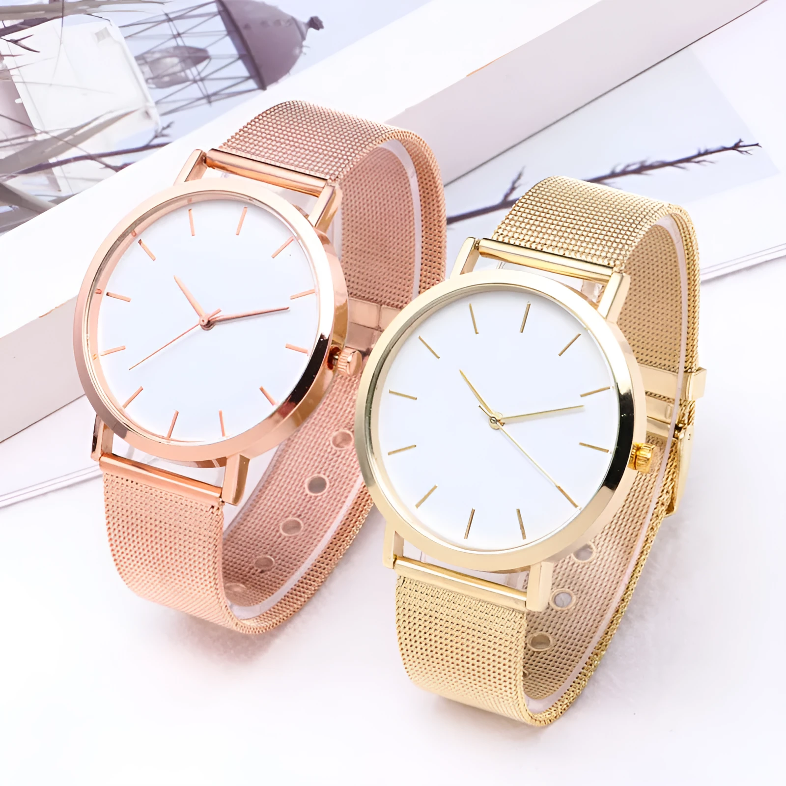 Simple ladies quartz watch with alloy case and stainless steel strap on wrist