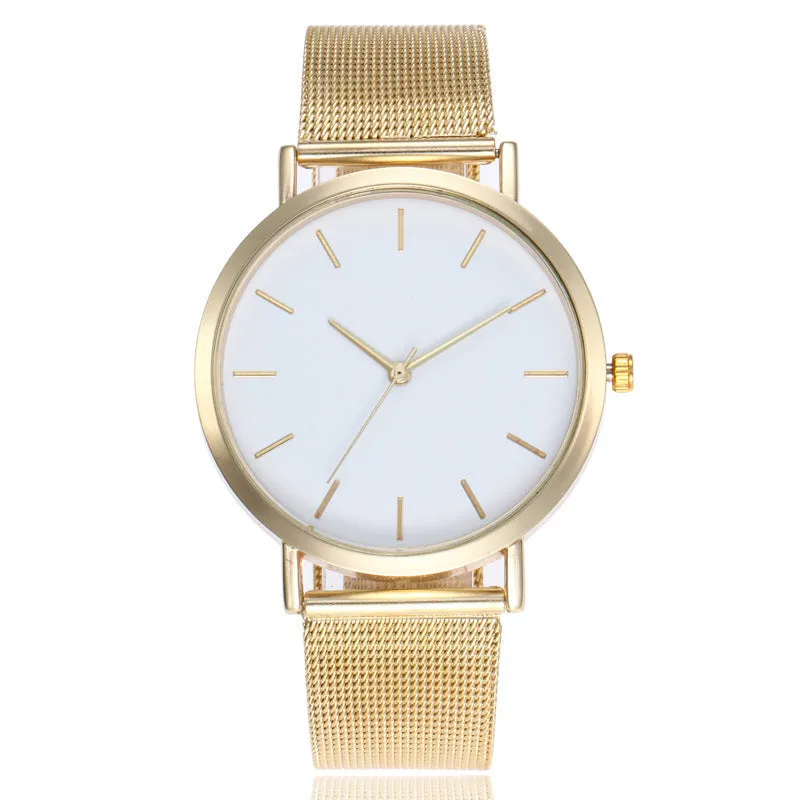 Simple ladies quartz watch with alloy case and stainless steel strap on wrist