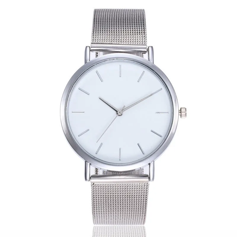 Simple ladies quartz watch with alloy case and stainless steel strap on wrist