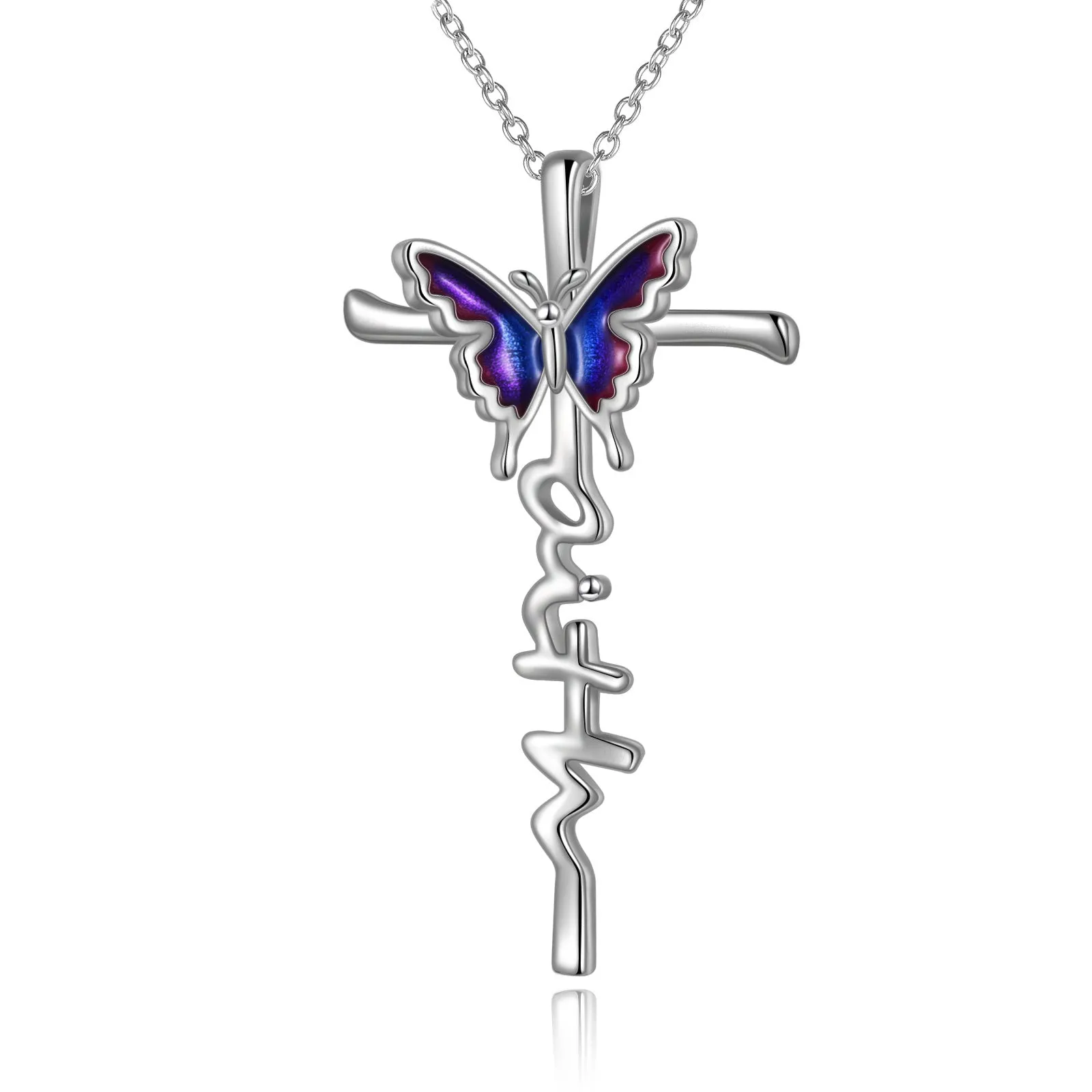 Sterling silver butterfly cross pendant necklace on white gold plated cable chain