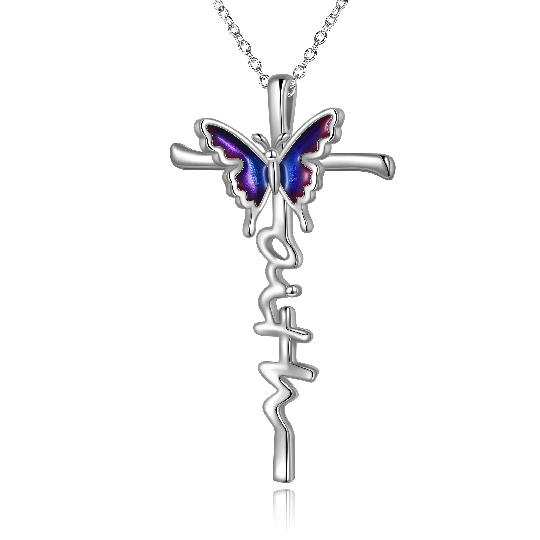 Sterling silver butterfly cross pendant necklace on white gold plated cable chain