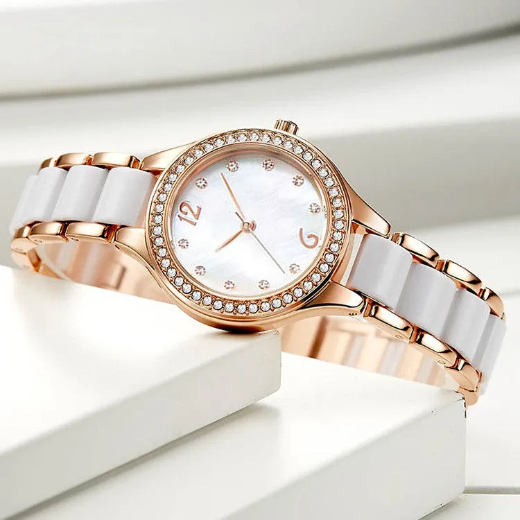 Women's ceramic watch with diamonds, rose gold IP case, alloy and ceramic strap, slate blue dial