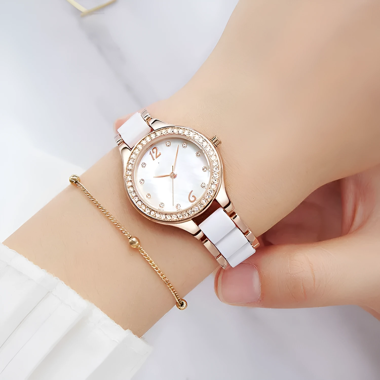 Women's ceramic watch with diamonds, rose gold IP case, alloy and ceramic strap, slate blue dial