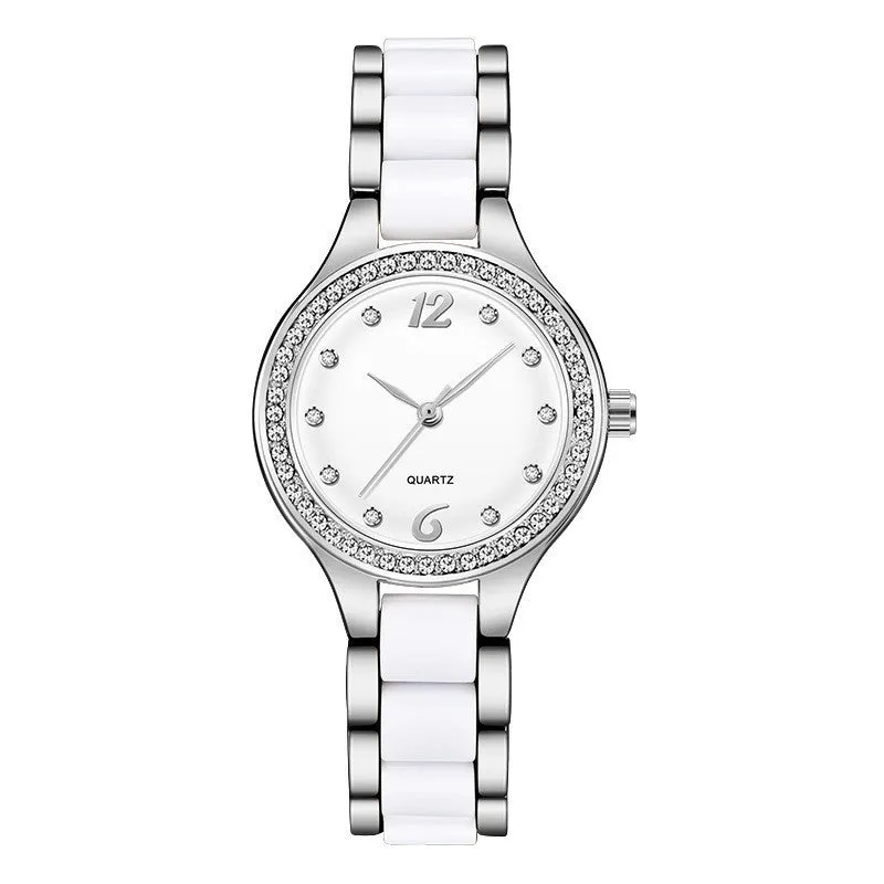 Women's ceramic watch with diamonds, rose gold IP case, alloy and ceramic strap, slate blue dial