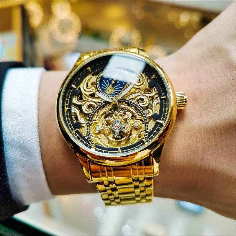 Men's luminous hollow out automatic mechanical watch with moon phase, 40mm dial, precision steel band, gold steel black face
