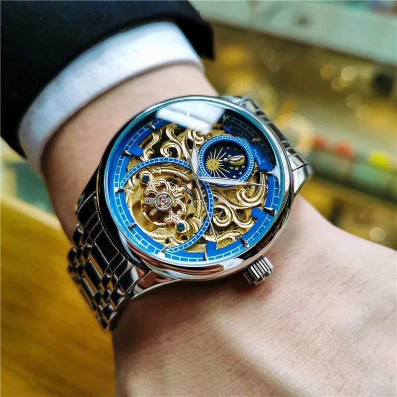 Men's luminous hollow out automatic mechanical watch with moon phase, 40mm dial, precision steel band, gold steel black face