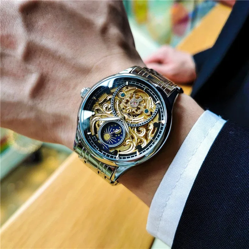 Men's luminous hollow out automatic mechanical watch with moon phase, 40mm dial, precision steel band, gold steel black face