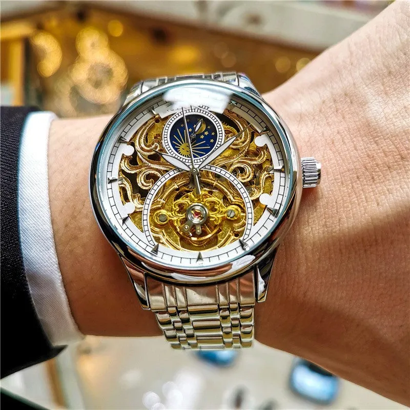 Men's luminous hollow out automatic mechanical watch with moon phase, 40mm dial, precision steel band, gold steel black face