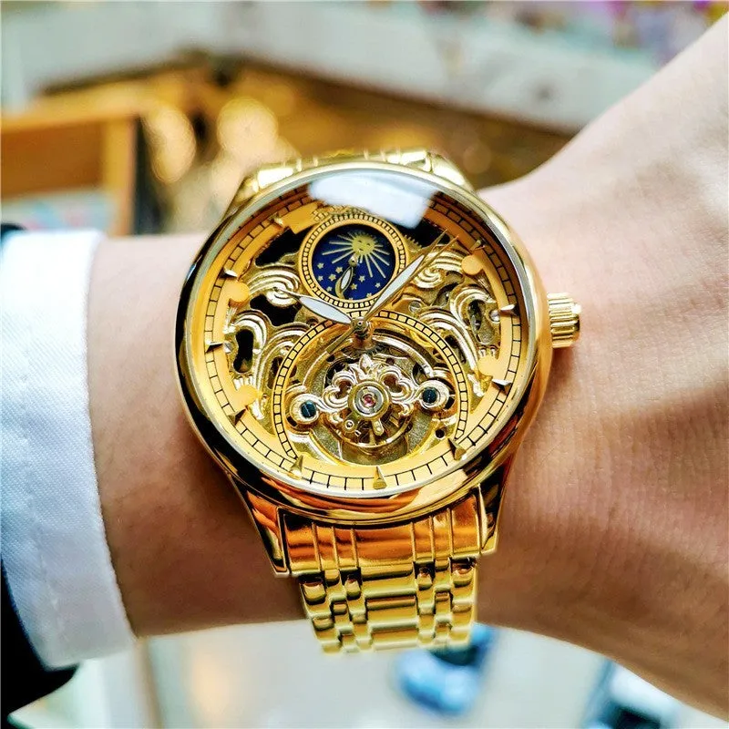 Men's luminous hollow out automatic mechanical watch with moon phase, 40mm dial, precision steel band, gold steel black face