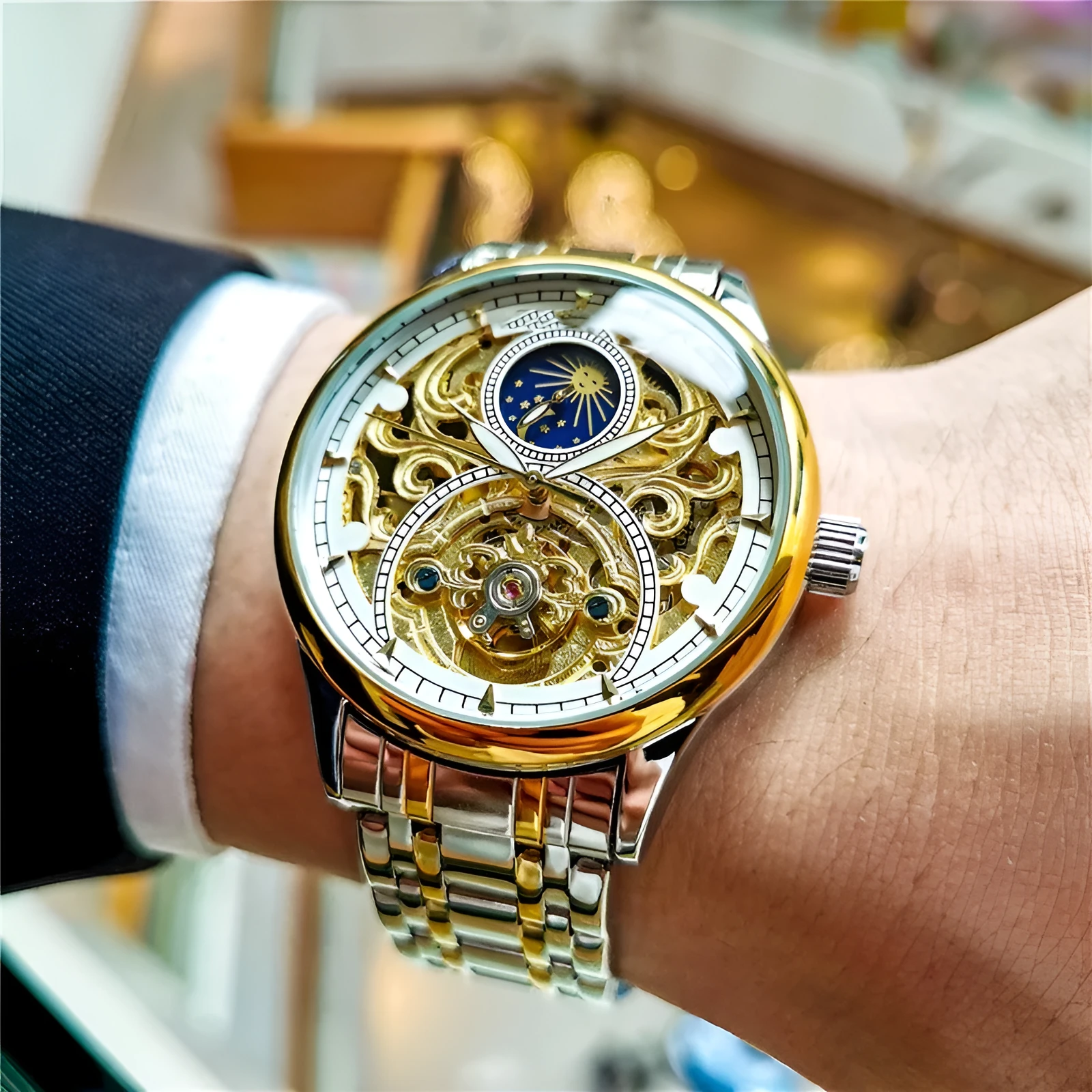 Men's luminous hollow out automatic mechanical watch with moon phase, 40mm dial, precision steel band, gold steel black face