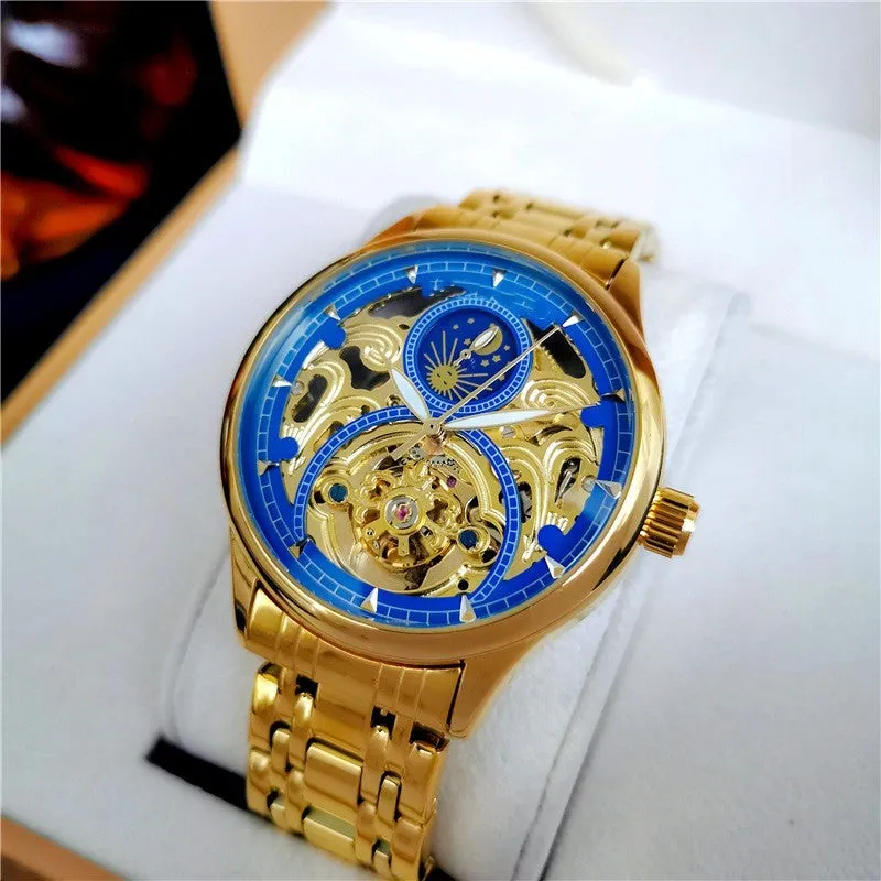 Men's luminous hollow out automatic mechanical watch with moon phase, 40mm dial, precision steel band, gold steel black face