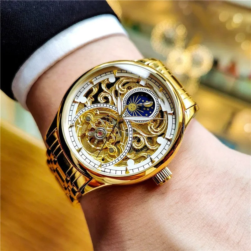 Men's luminous hollow out automatic mechanical watch with moon phase, 40mm dial, precision steel band, gold steel black face