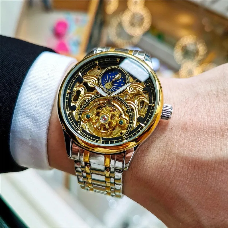 Men's luminous hollow out automatic mechanical watch with moon phase, 40mm dial, precision steel band, gold steel black face