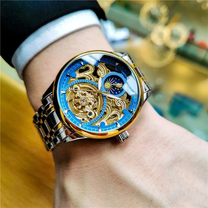 Men's luminous hollow out automatic mechanical watch with moon phase, 40mm dial, precision steel band, gold steel black face
