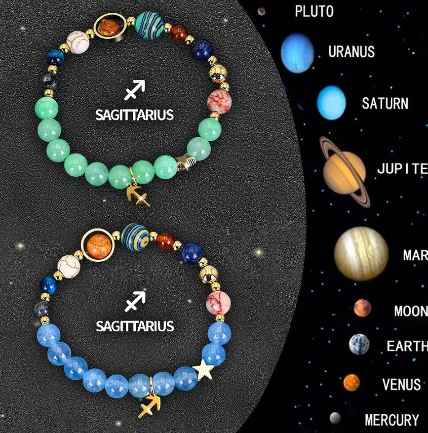 Two beaded bracelets with natural stone and zodiac charm beads on an adjustable cord.