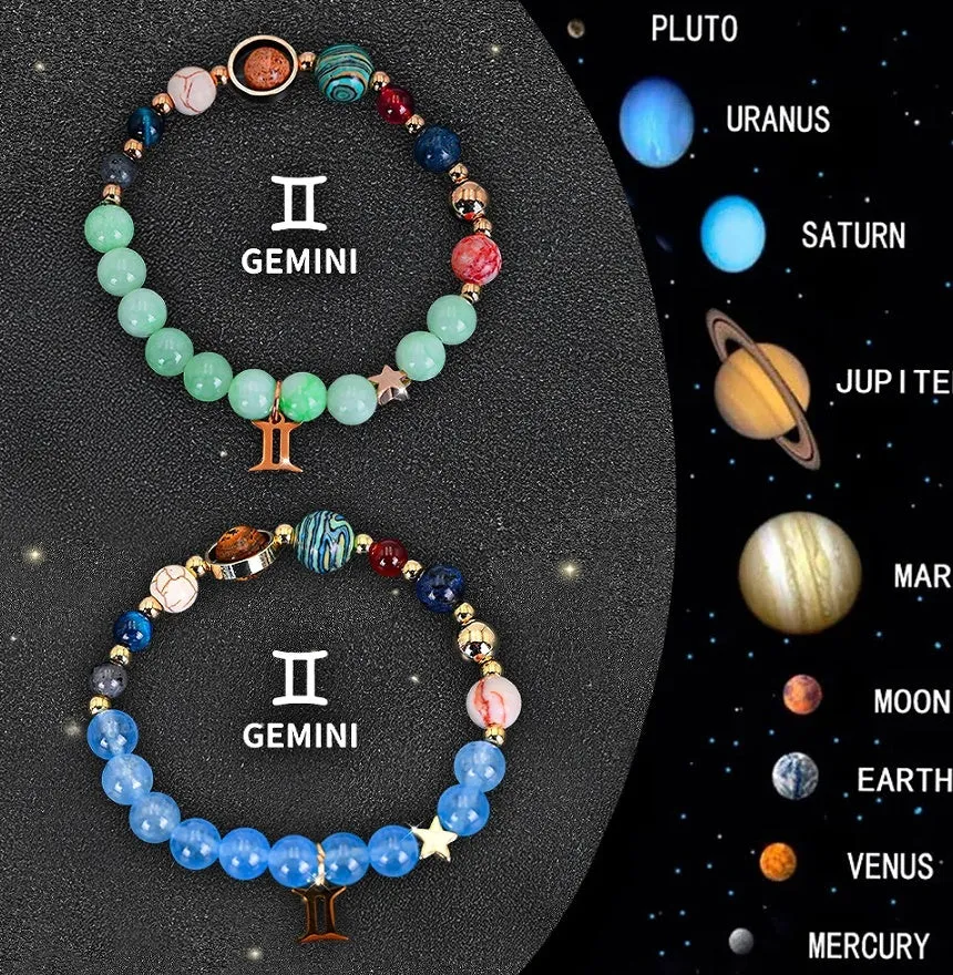 Two beaded bracelets with natural stone and zodiac charm beads on an adjustable cord.