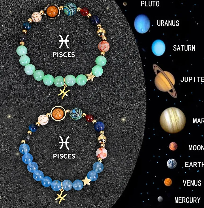 Two beaded bracelets with natural stone and zodiac charm beads on an adjustable cord.