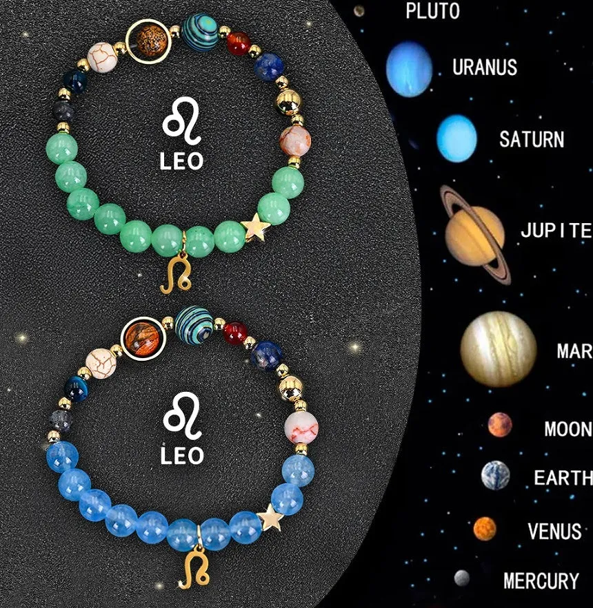 Two beaded bracelets with natural stone and zodiac charm beads on an adjustable cord.