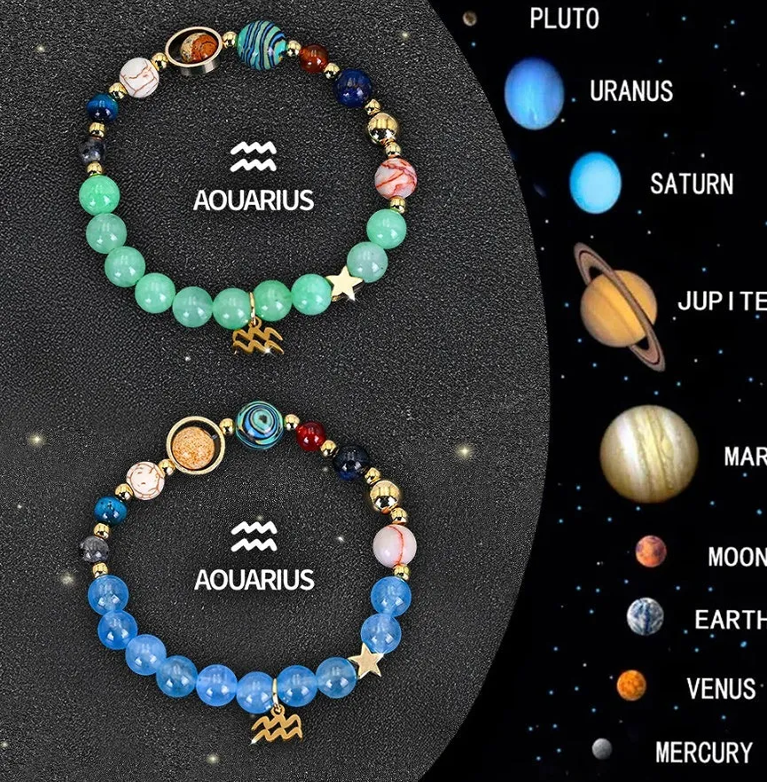 Two beaded bracelets with natural stone and zodiac charm beads on an adjustable cord.