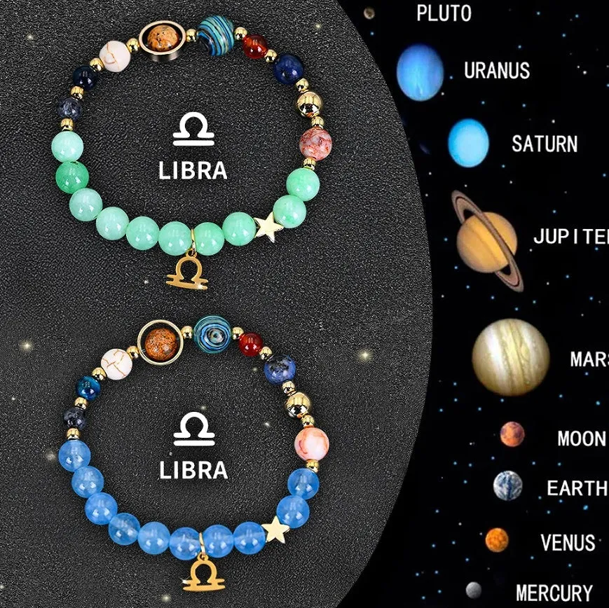 Two beaded bracelets with natural stone and zodiac charm beads on an adjustable cord.