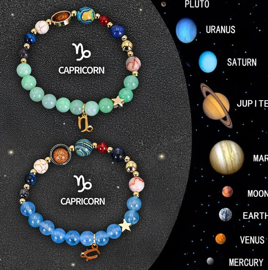 Two beaded bracelets with natural stone and zodiac charm beads on an adjustable cord.