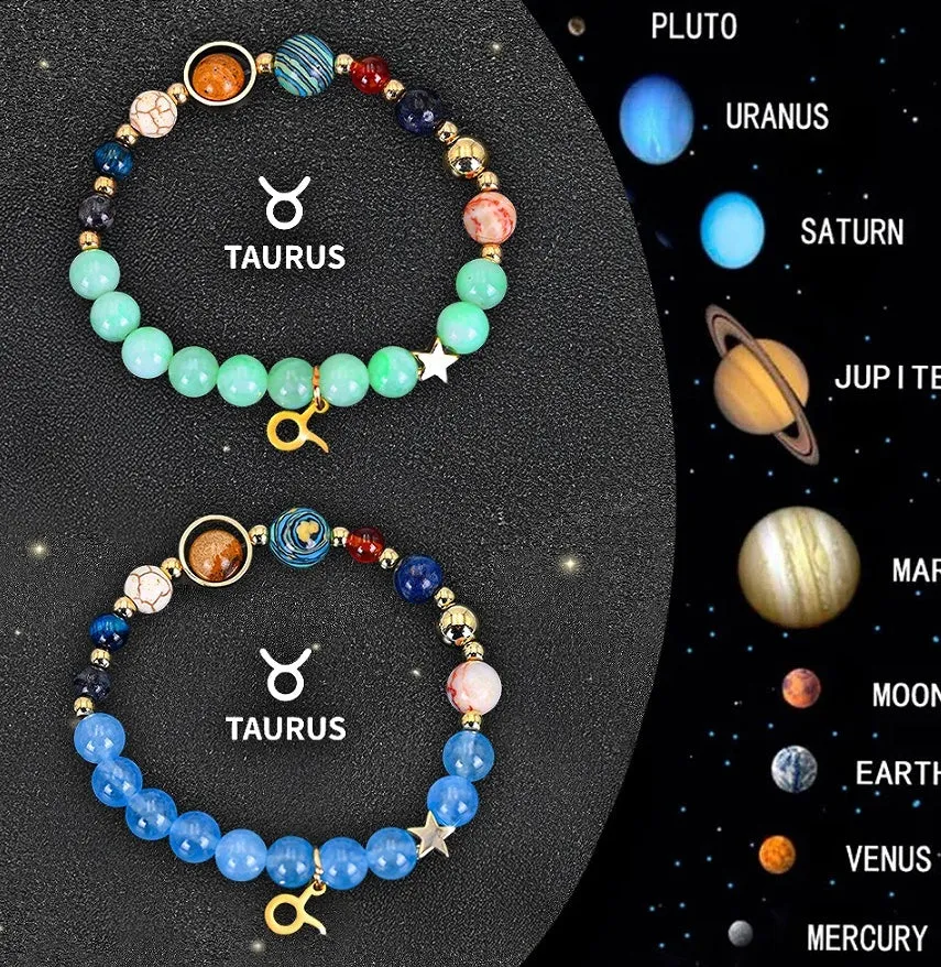 Two beaded bracelets with natural stone and zodiac charm beads on an adjustable cord.