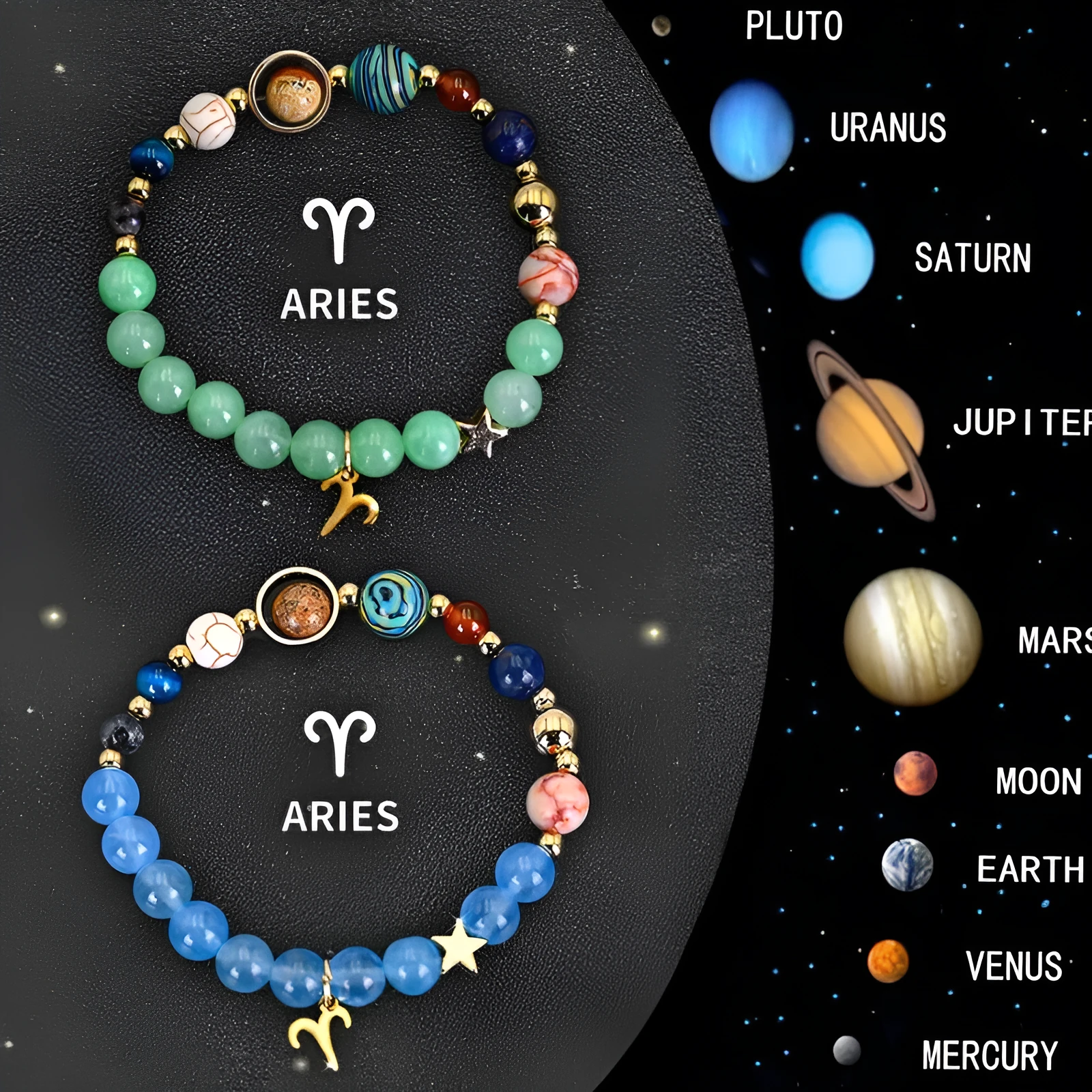 Two beaded bracelets with natural stone and zodiac charm beads on an adjustable cord.