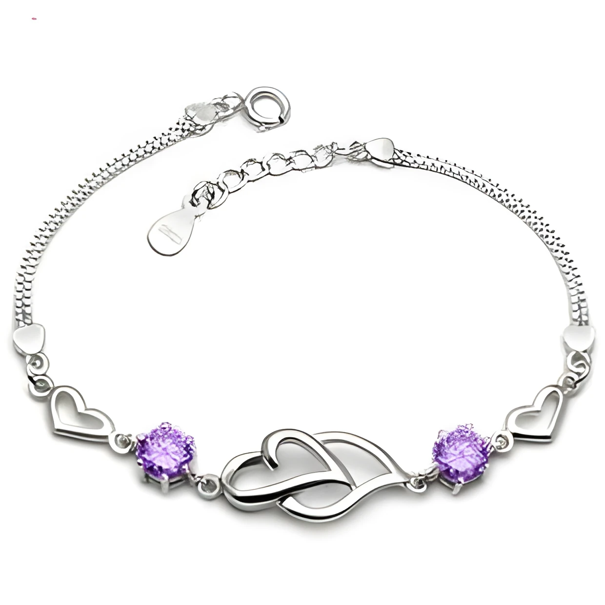 S925 sterling silver double heart bracelet with purple amethyst gemstone on white background