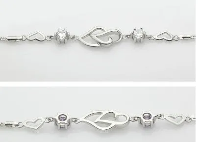 S925 sterling silver double heart bracelet with purple amethyst gemstone on white background