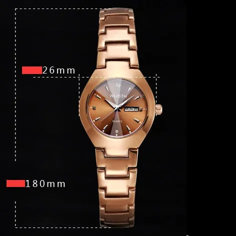Coffee gold luminous couple watch with alloy strap and mineral glass dial displayed on light background