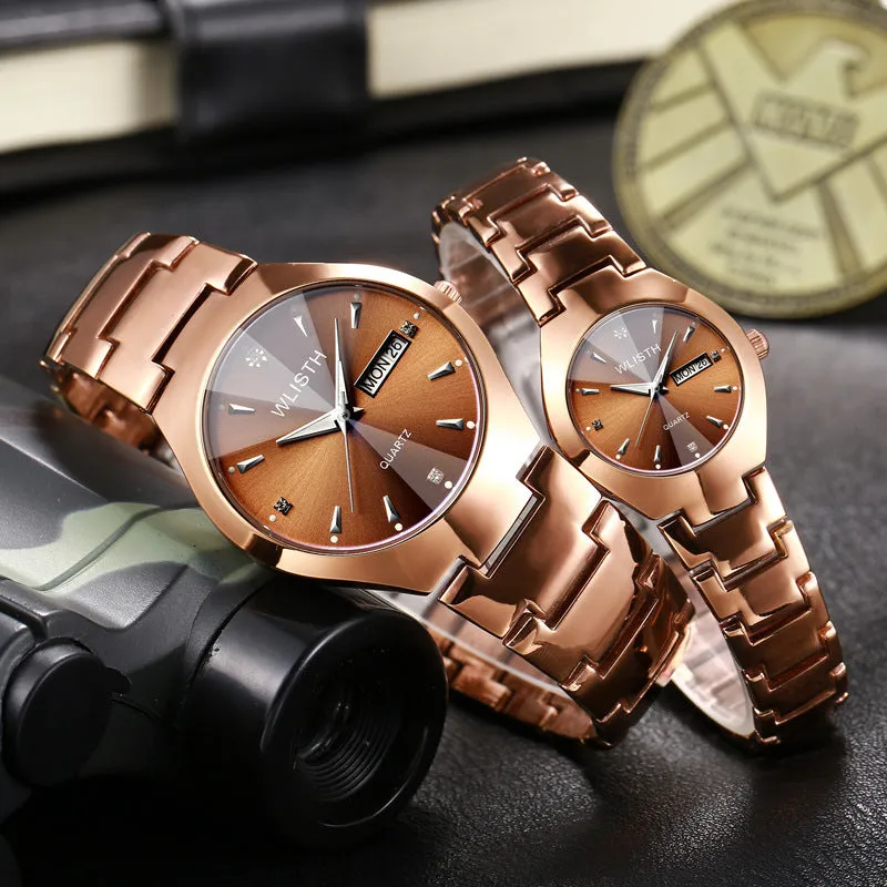 Coffee gold luminous couple watch with alloy strap and mineral glass dial displayed on light background