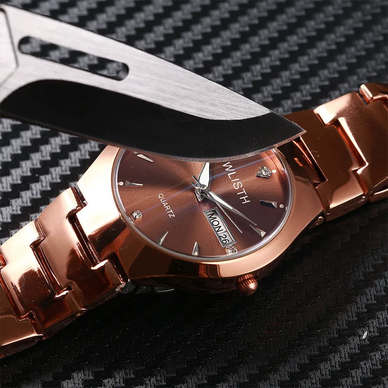 Coffee gold luminous couple watch with alloy strap and mineral glass dial displayed on light background