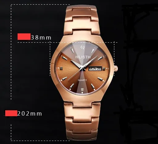 Coffee gold luminous couple watch with alloy strap and mineral glass dial displayed on light background