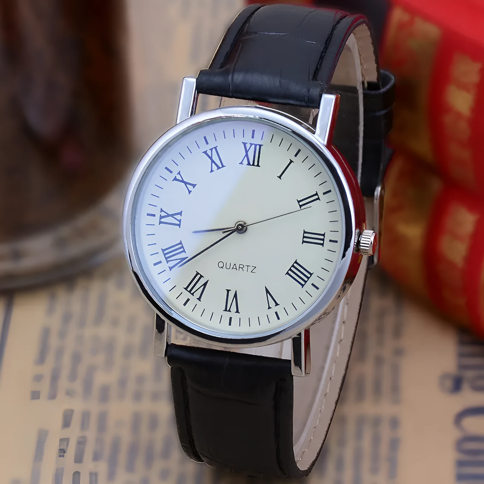 Fashion quartz watch bowl watch with 38mm dial, blue light glass mirror, and black strap