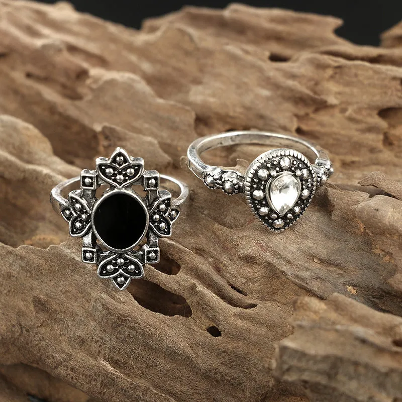 Bohemian retro crystal flower and lotus ring set for women, alloy with gems, silver tone, on display