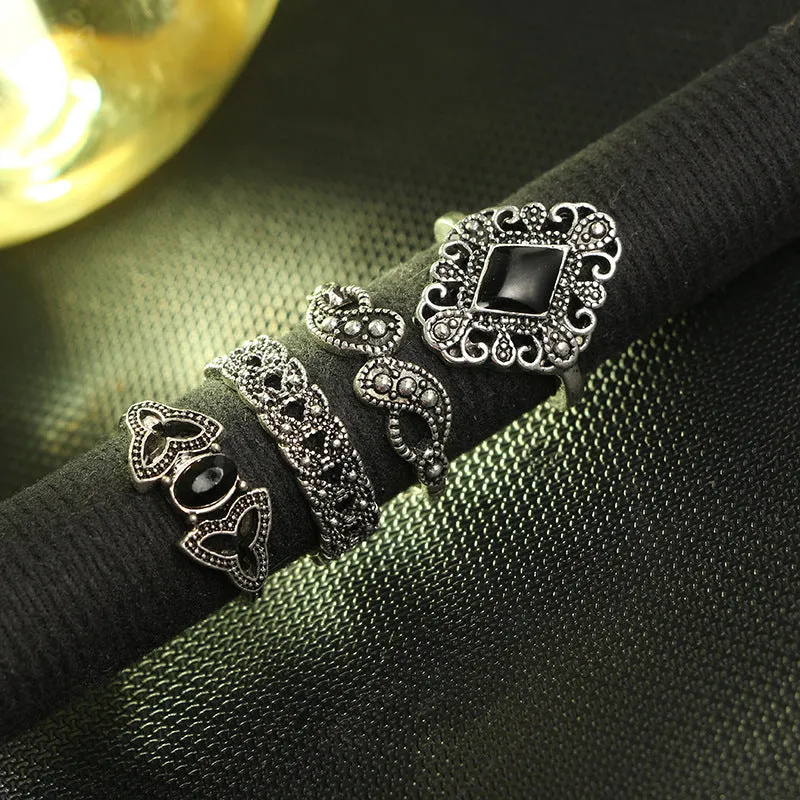 Bohemian retro crystal flower and lotus ring set for women, alloy with gems, silver tone, on display