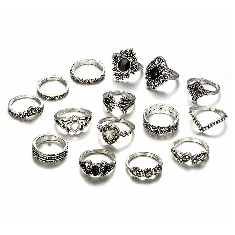 Bohemian retro crystal flower and lotus ring set for women, alloy with gems, silver tone, on display