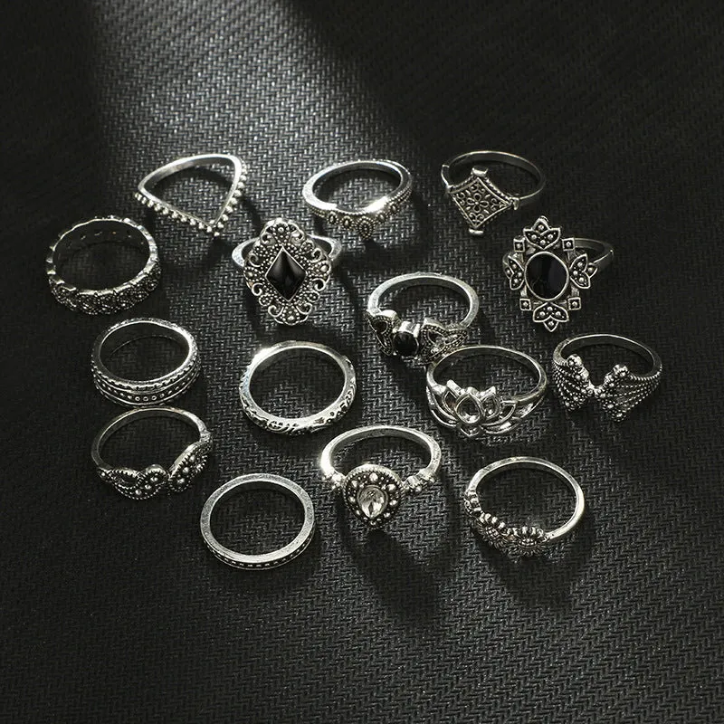 Bohemian retro crystal flower and lotus ring set for women, alloy with gems, silver tone, on display