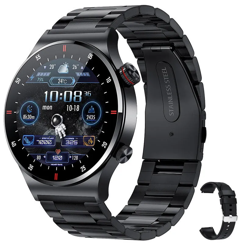 QW33 smart watch with black steel belt showing heart rate monitoring on 1.3-inch screen