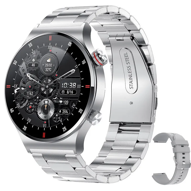 QW33 smart watch with black steel belt showing heart rate monitoring on 1.3-inch screen
