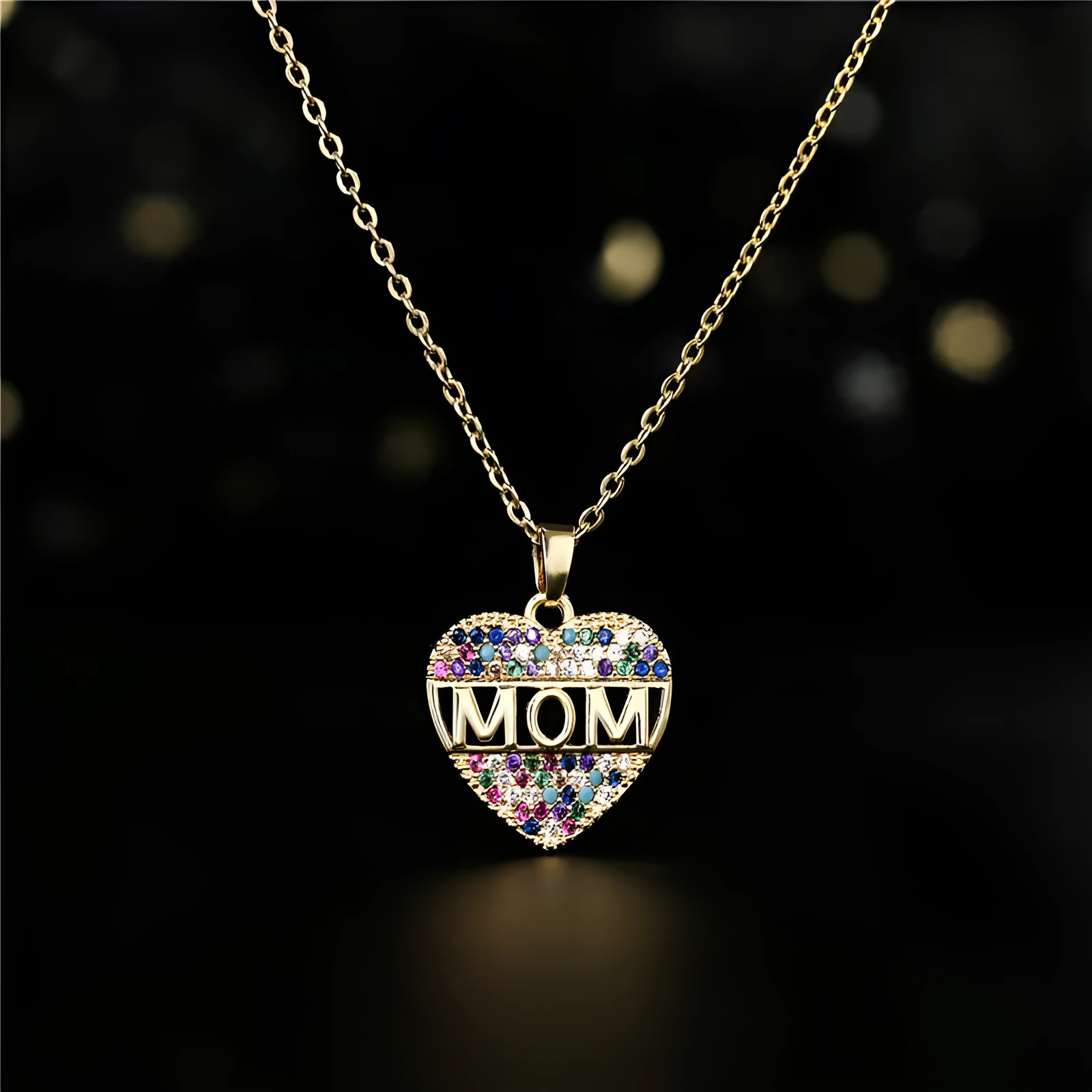 Peach heart MOM pendant necklace in gold colour, copper material, on adjustable chain