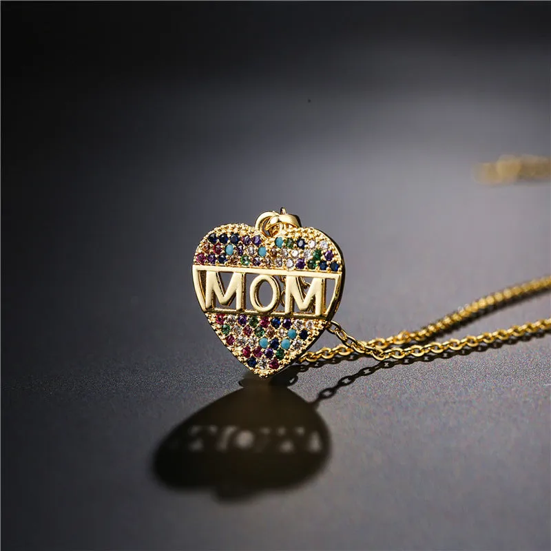 Peach heart MOM pendant necklace in gold colour, copper material, on adjustable chain