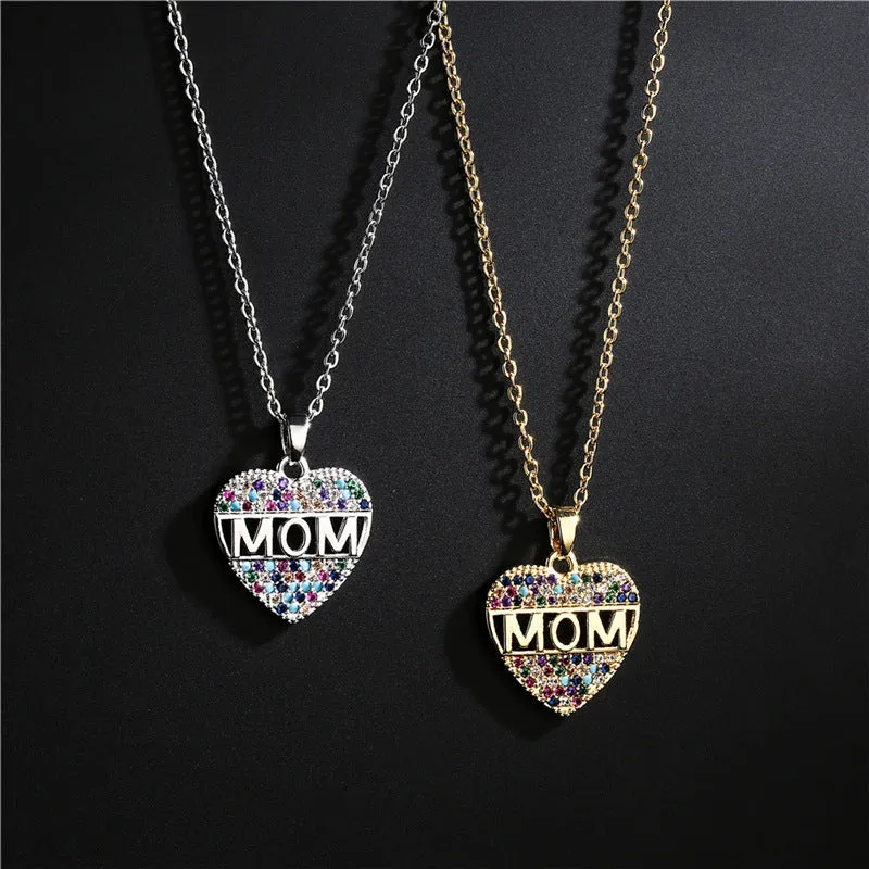 Peach heart MOM pendant necklace in gold colour, copper material, on adjustable chain