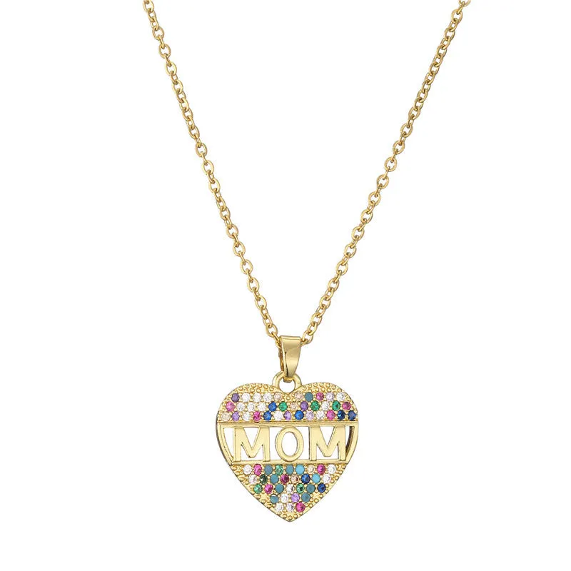 Peach heart MOM pendant necklace in gold colour, copper material, on adjustable chain