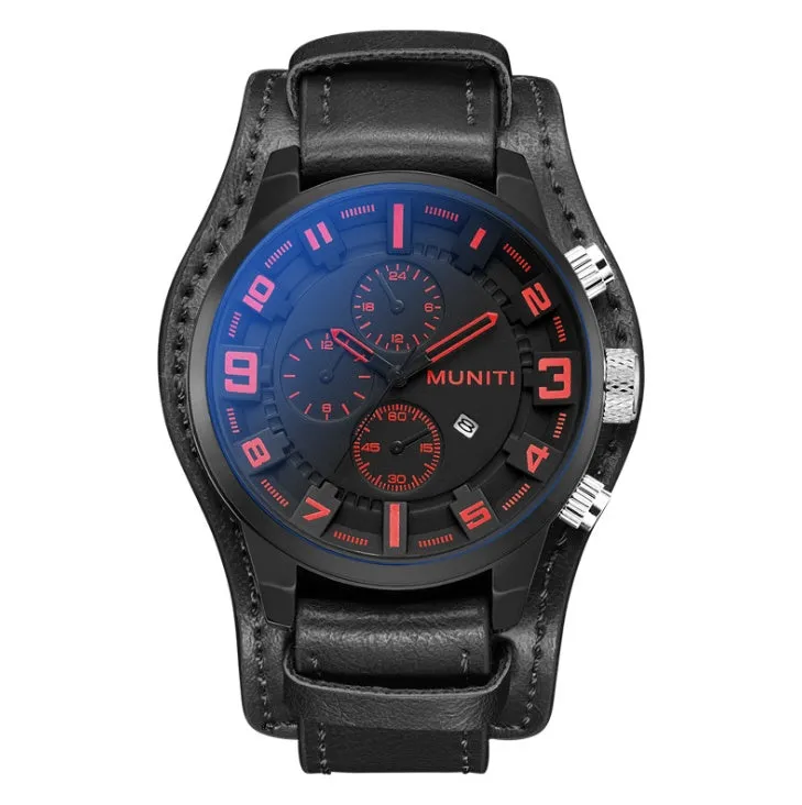 MUNITI Munich men's quartz watch with black metal case, black dial, black PU strap, 48mm dial diameter