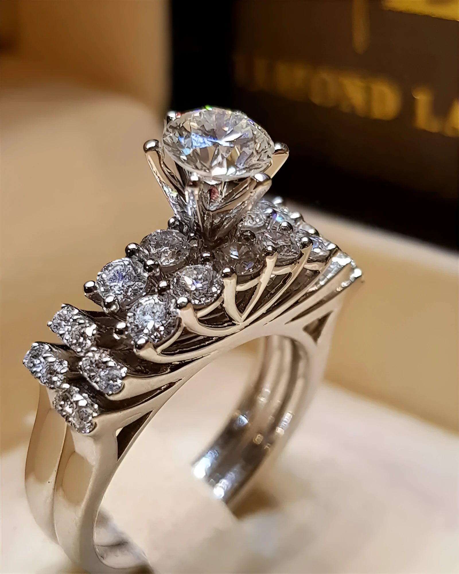Alloy crown engagement ring with electroplating finish, style option A, size 7, on white background
